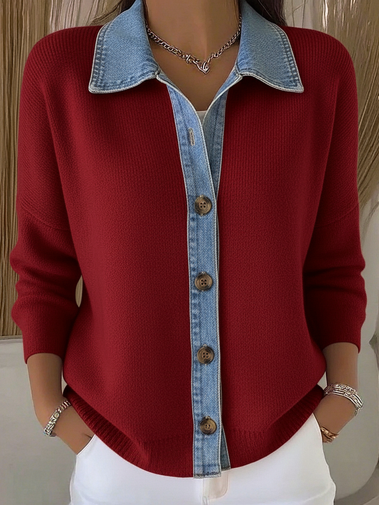 Cardigan in Maglia con Colletto Polo e Patchwork in Denim con Bottoni