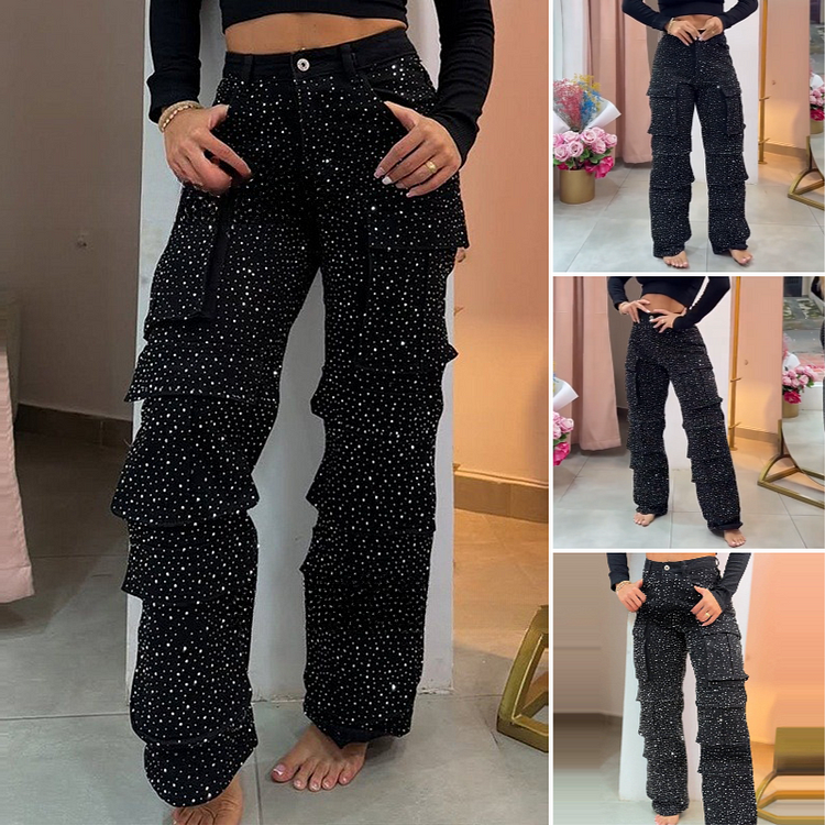 Pantaloni a Gamba Larga con Strass Eleganti