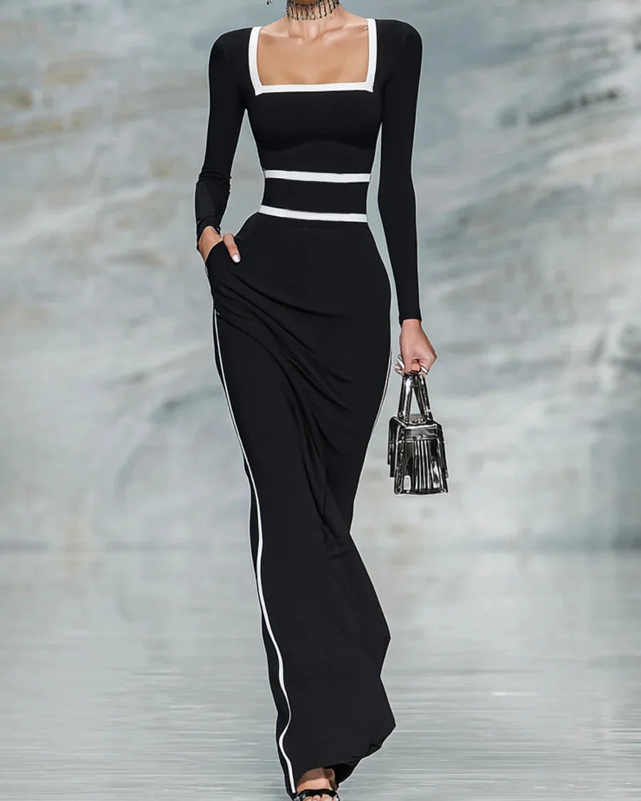 Abito Maxi Aderente a Maniche Lunghe con Scollo Quadrato e Bordo Bicolore (Bianco e Nero)