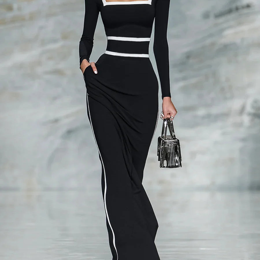 Abito Maxi Aderente a Maniche Lunghe con Scollo Quadrato e Bordo Bicolore (Bianco e Nero)