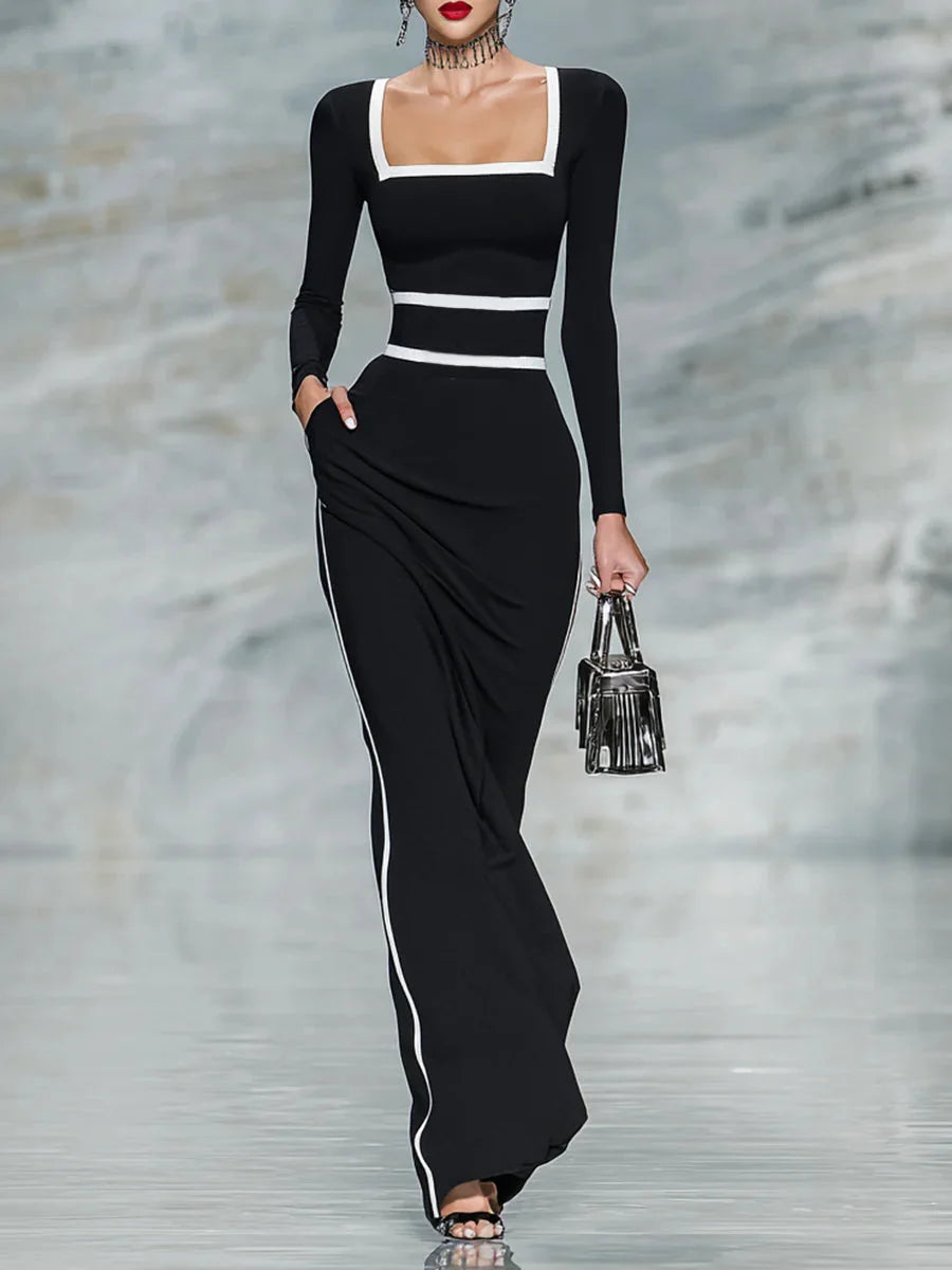 Abito Maxi Aderente a Maniche Lunghe con Scollo Quadrato e Bordo Bicolore (Bianco e Nero)