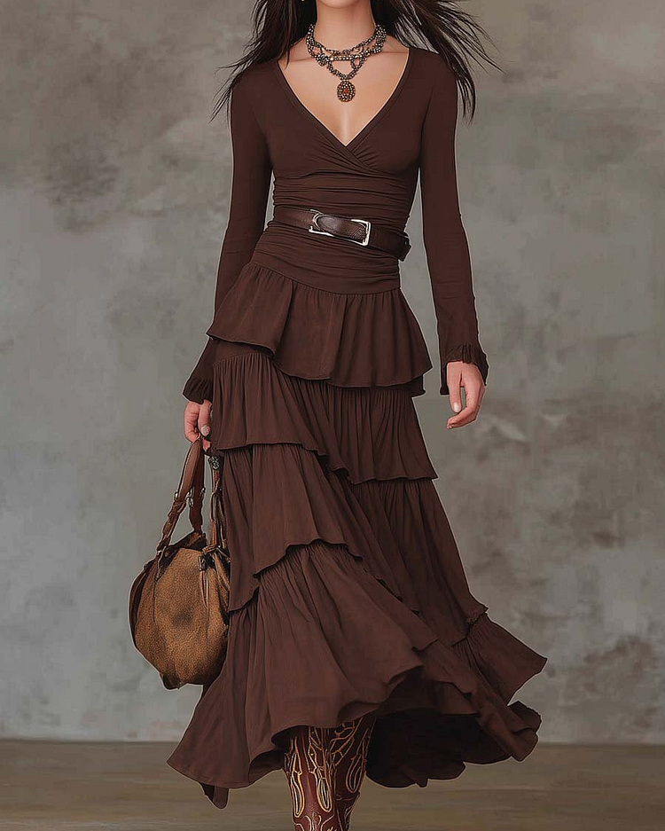 Abito maxi retro marrone con scollatura a V (incluso cinturino)