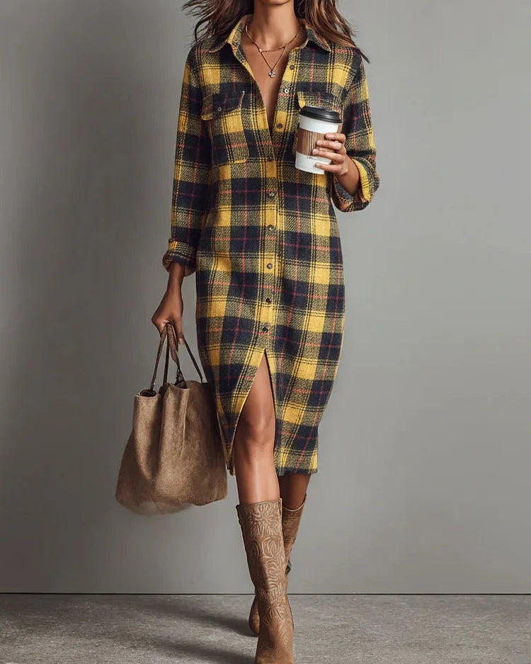 Abito midi in flanella a quadri con maniche lunghe