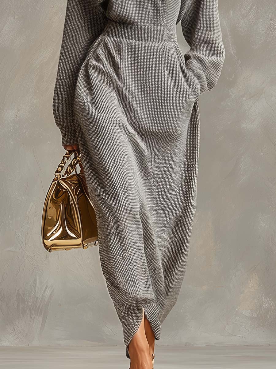 Abito Maxi Casual con Zip e Colletto Grigio Chiaro