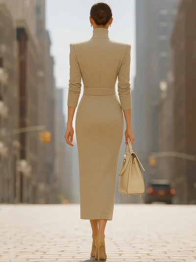 Abito con collo alla coreana, vita sagomata e spacco