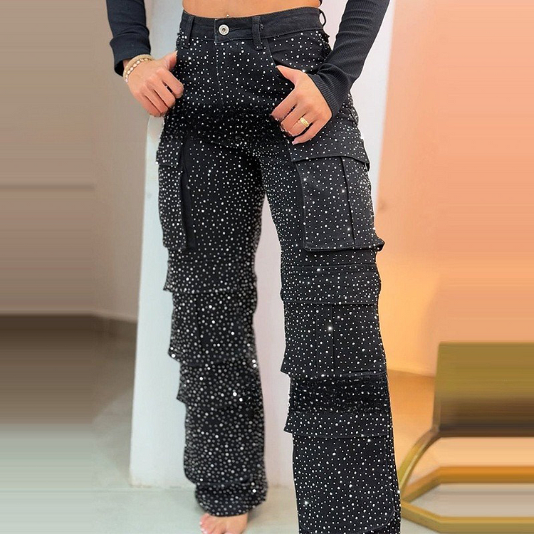 Pantaloni a Gamba Larga con Strass Eleganti