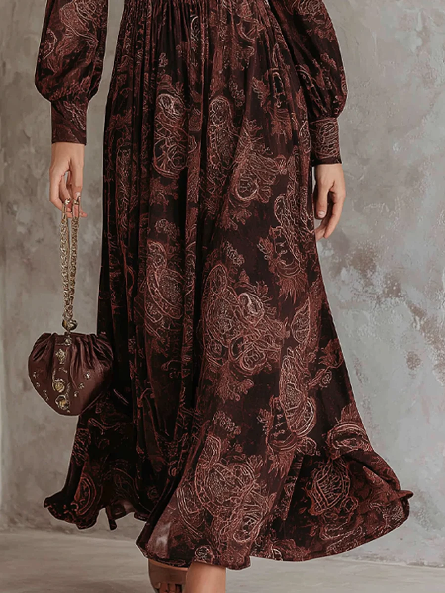 Abito Maxi Marrone con Motivo Paisley e Vita con Zip