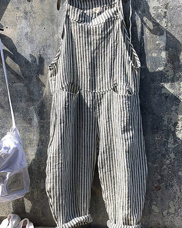 Salopette a righe in lino e cotone