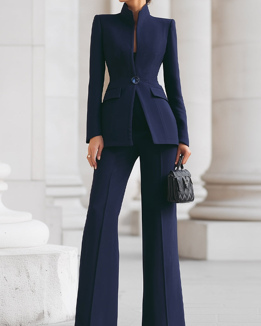 Completo Blu Navy con Blazer a Collo Alto e Pantaloni a Gamba Larga - Shopella