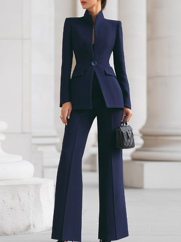 Completo Blu Navy con Blazer a Collo Alto e Pantaloni a Gamba Larga