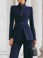 Completo Blu Navy con Blazer a Collo Alto e Pantaloni a Gamba Larga - Shopella