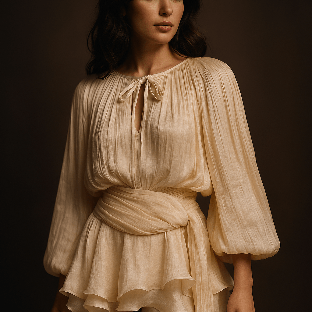 Liora Mini Abito – Drappeggi Luminosi a Vita Impero - Shopella