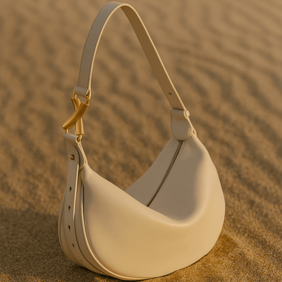 Borsa Livia – Mezza luna in pelle beige & fibbia dorata scultorea - Shopella