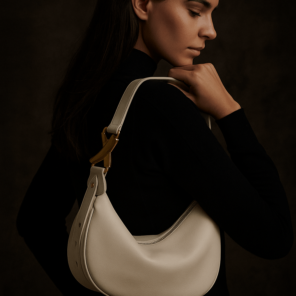 Borsa Livia – Mezza luna in pelle beige & fibbia dorata scultorea - Shopella