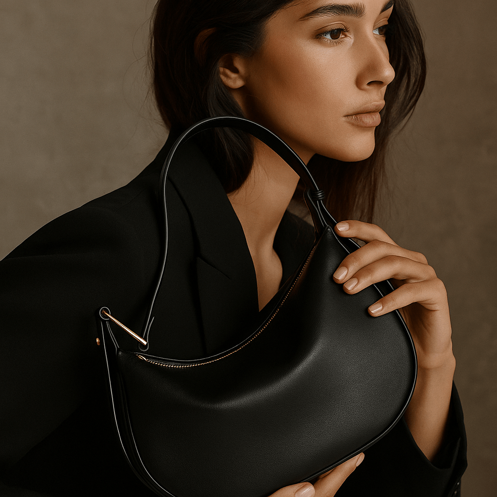 Borsa Livia – Mezza luna in pelle beige & fibbia dorata scultorea - Shopella