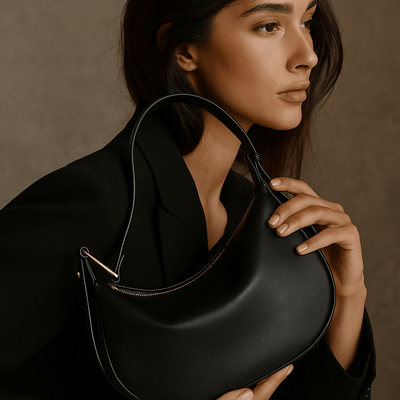 Borsa Livia – Mezza luna in pelle beige & fibbia dorata scultorea - Shopella