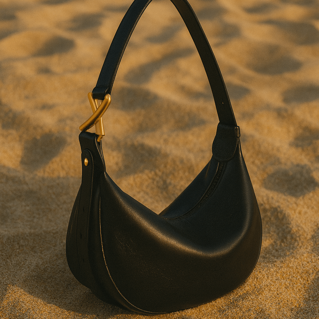 Borsa Livia – Mezza luna in pelle beige & fibbia dorata scultorea - Shopella