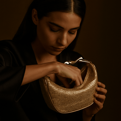 Borsa Alma – Mini mezzaluna intrecciata & manico dorato scultoreo - Shopella