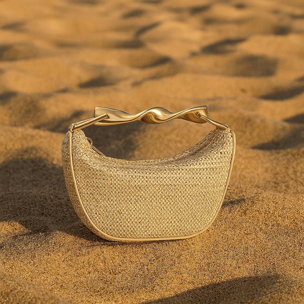 Borsa Alma – Mini mezzaluna intrecciata & manico dorato scultoreo - Shopella