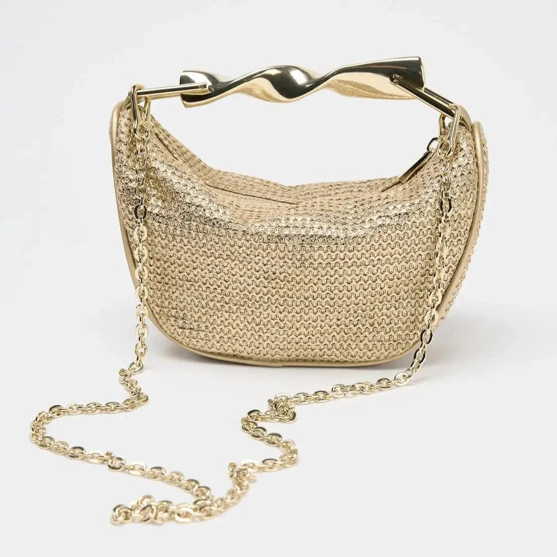 Borsa Alma – Mini mezzaluna intrecciata & manico dorato scultoreo - Shopella